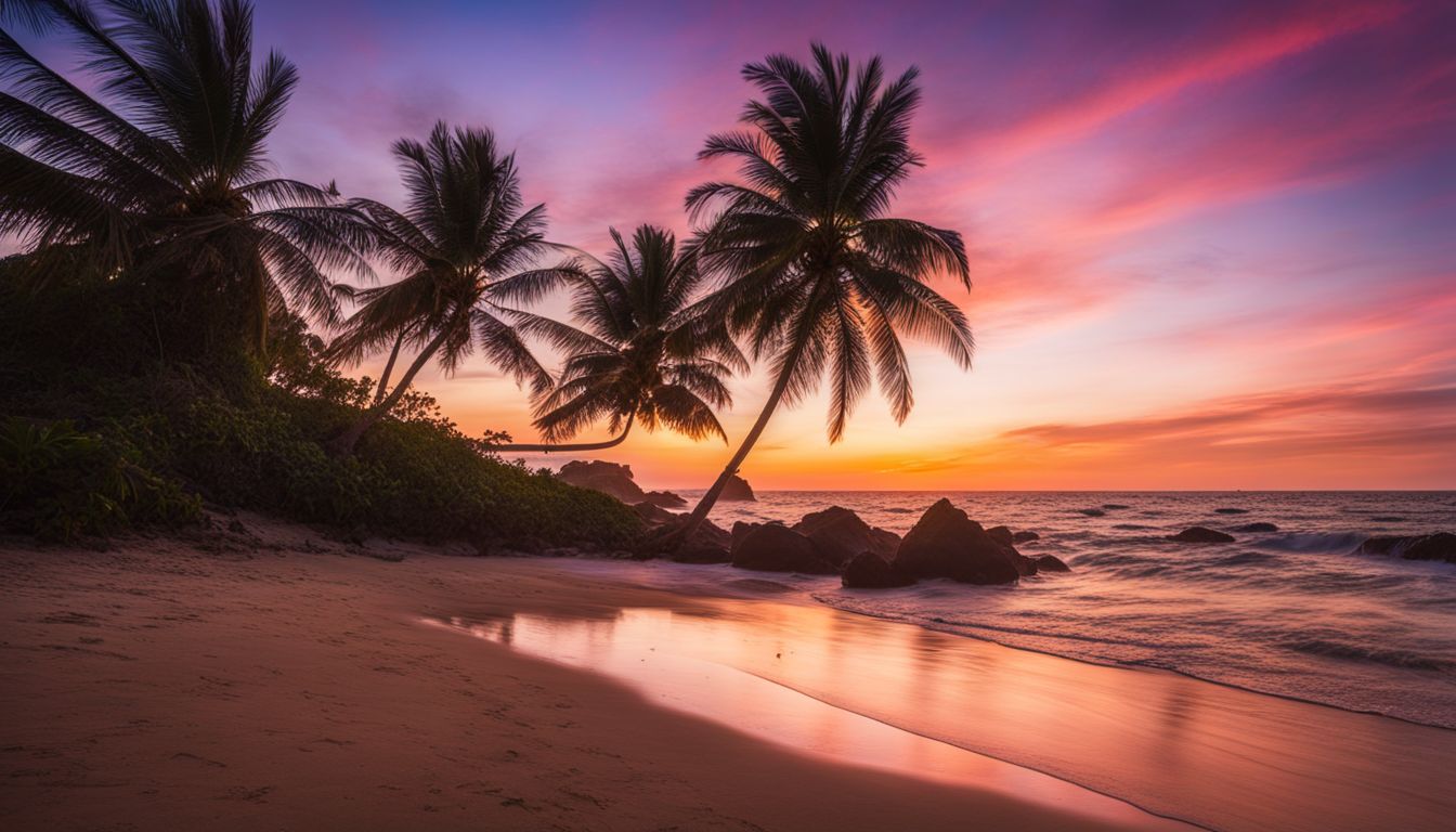 A vibrant sunset over a tropical beach with palm trees and a bustling atmosphere captured in high-quality resolution.
