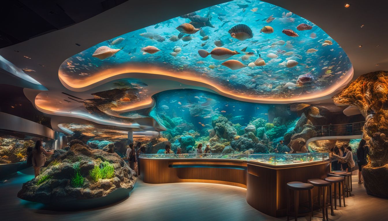 A photo of Sea Shell Aquarium's futuristic design illuminated by colorful LED lights taken with a wide-angle lens.