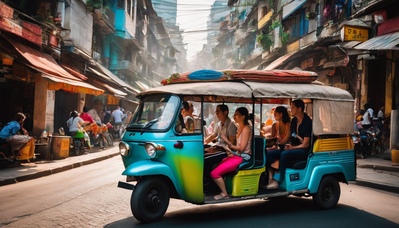 A group of diverse tourists explore a vibrant city in a tuk-tuk.