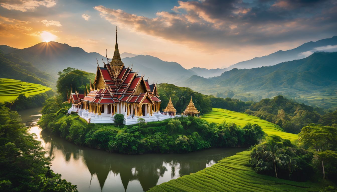 A traditional Thai temple set amidst lush green hills, captured in a vibrant and detailed photograph.