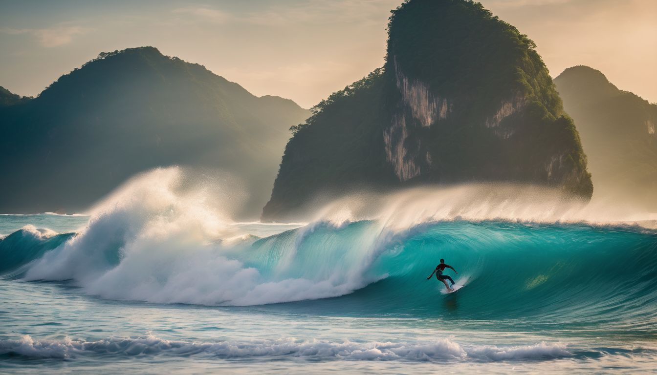 A surfer rides a massive wave in the clear blue waters of Thailand, captured in stunning detail.