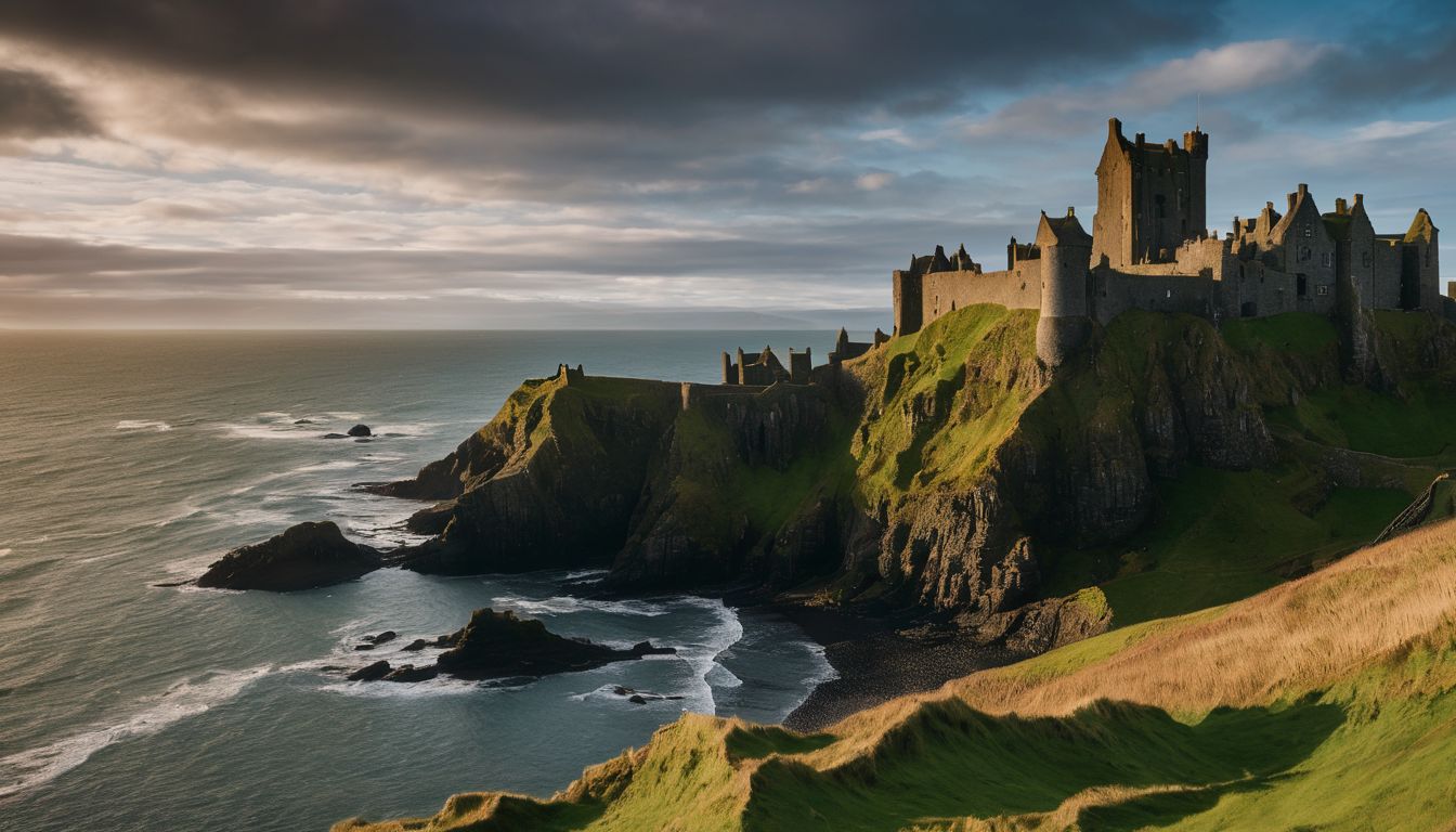 A stunning photograph of Dunluce Castle against a dramatic coastline.