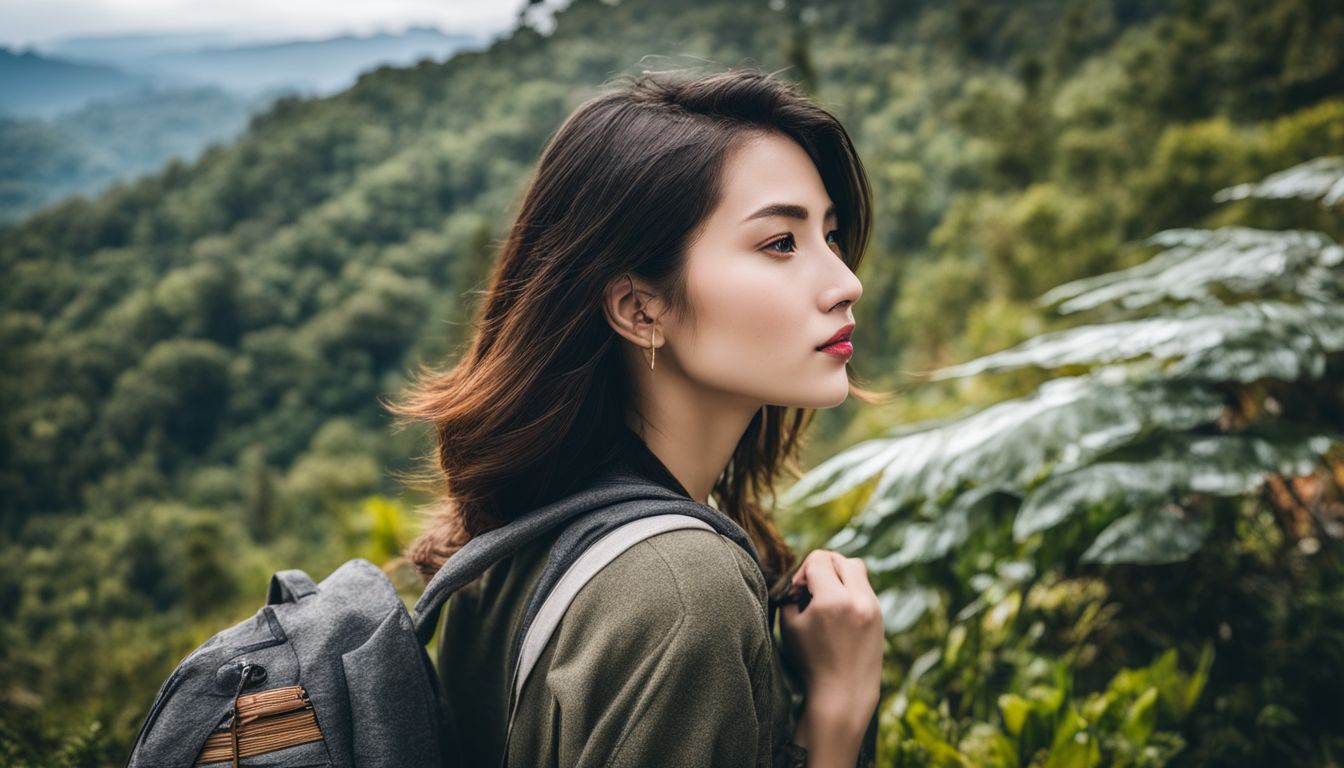 A young woman gazes at the stunning view of Doi Inthanon National Park in a bustling atmosphere.