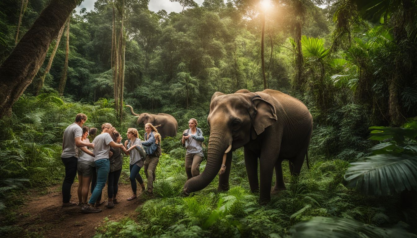 A group of volunteers interact with elephants in a lush jungle setting, captured in a stunning wildlife photograph.