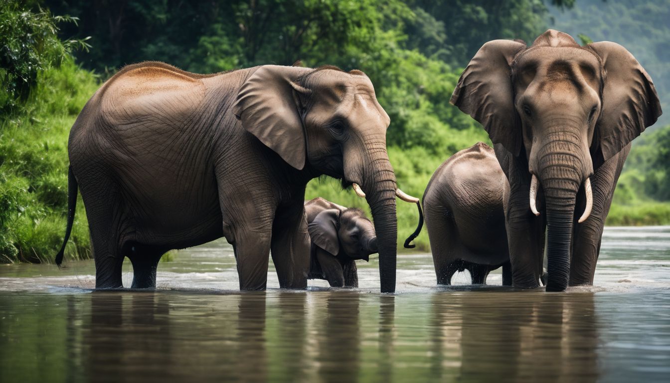 An elephant family enjoys a bath in a scenic river surrounded by lush greenery.