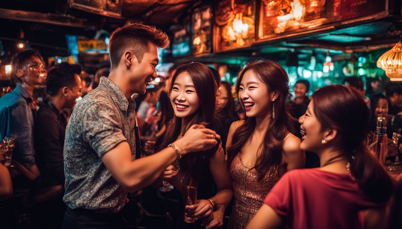 A vibrant bar scene with people dancing and enjoying themselves on Khao San Road.