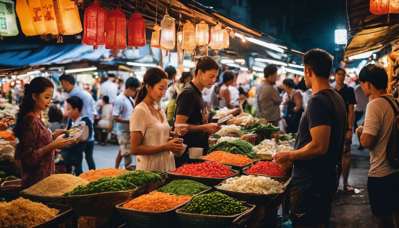 A group of diverse travelers explore a bustling street market in Thailand.