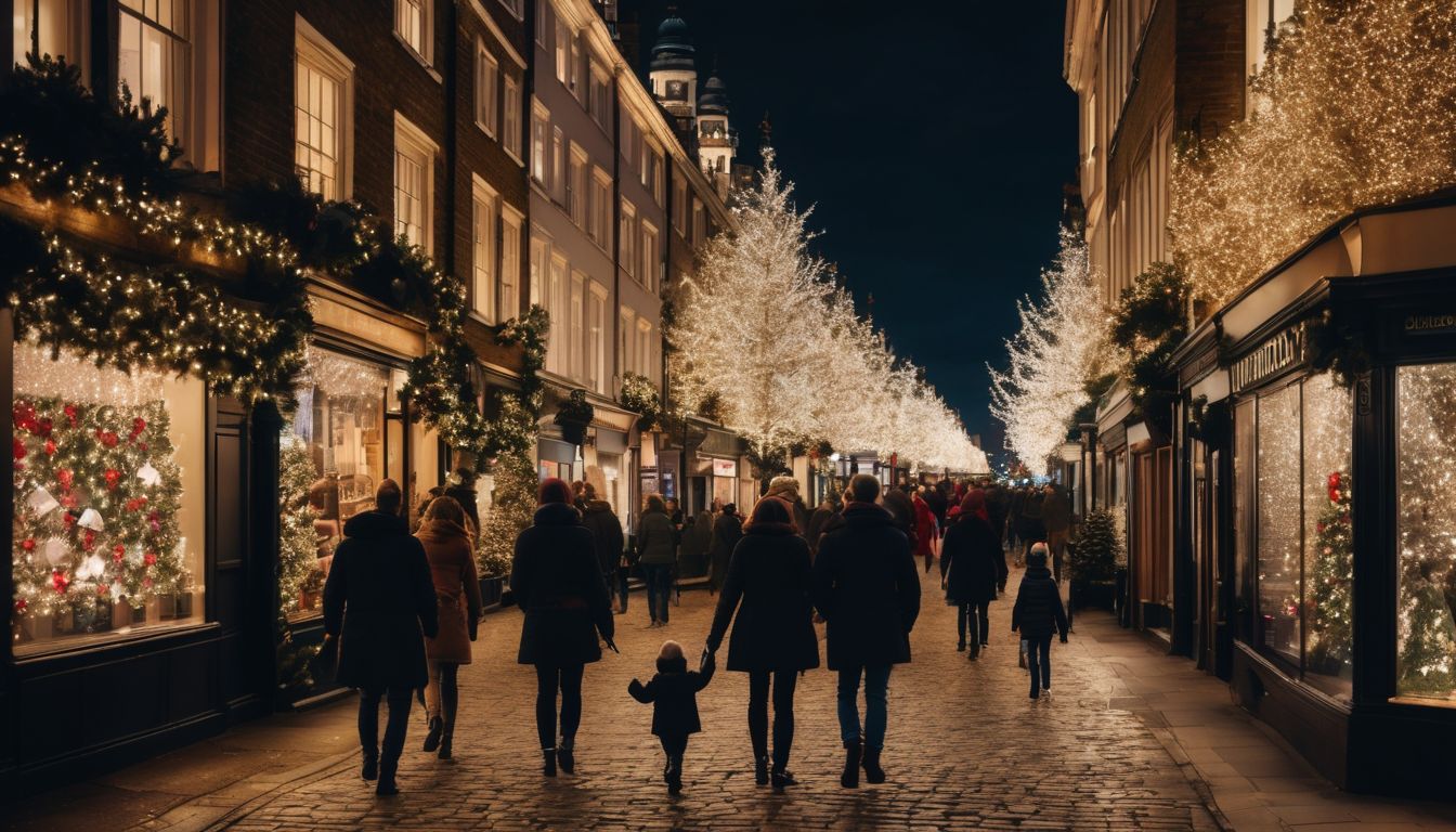 A family enjoying the festive Christmas lights in London's bustling streets.