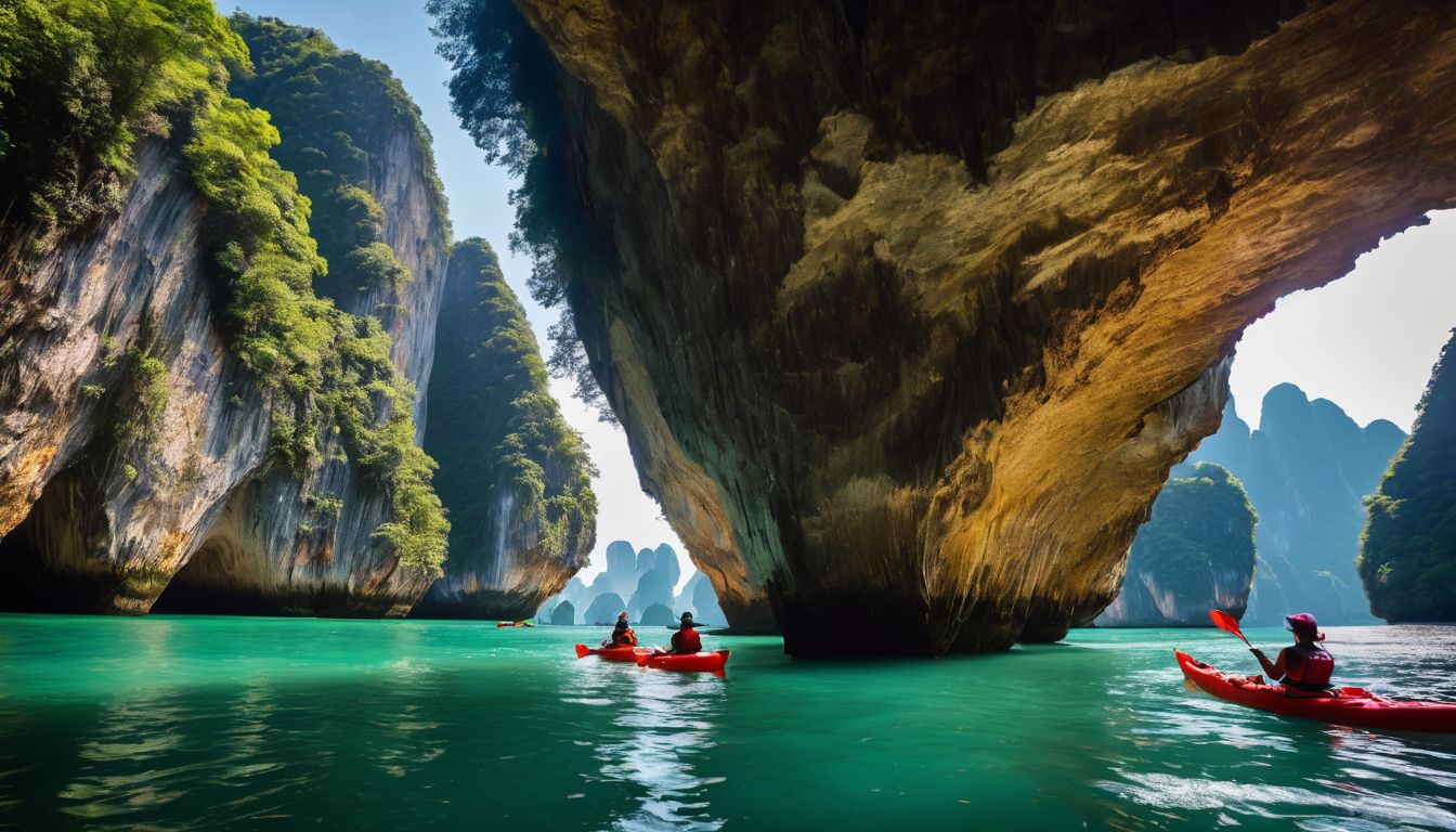 A group of diverse friends kayaking through the stunning limestone formations of Phang Nga Bay.