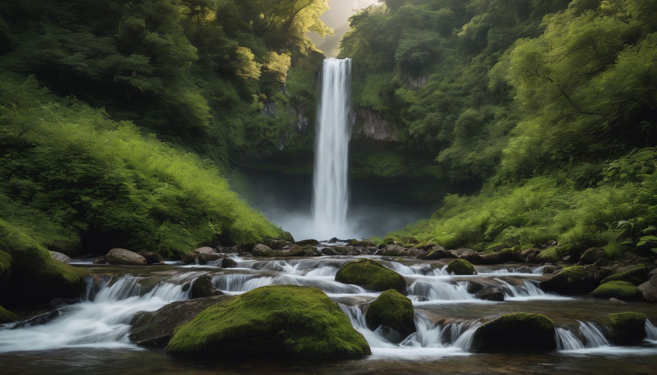 A picturesque waterfall surrounded by diverse people and stunning landscapes.