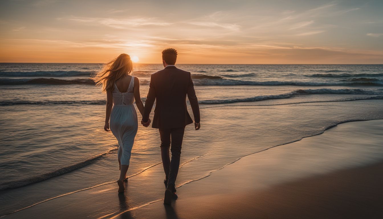 A couple walks hand in hand on a tranquil beach at sunset in a picturesque photograph.