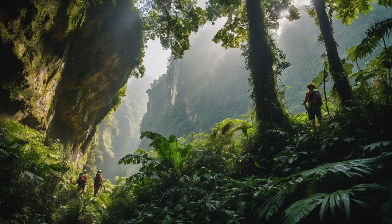 A diverse group of explorers hiking through a lush rainforest surrounded by towering limestone cliffs.
