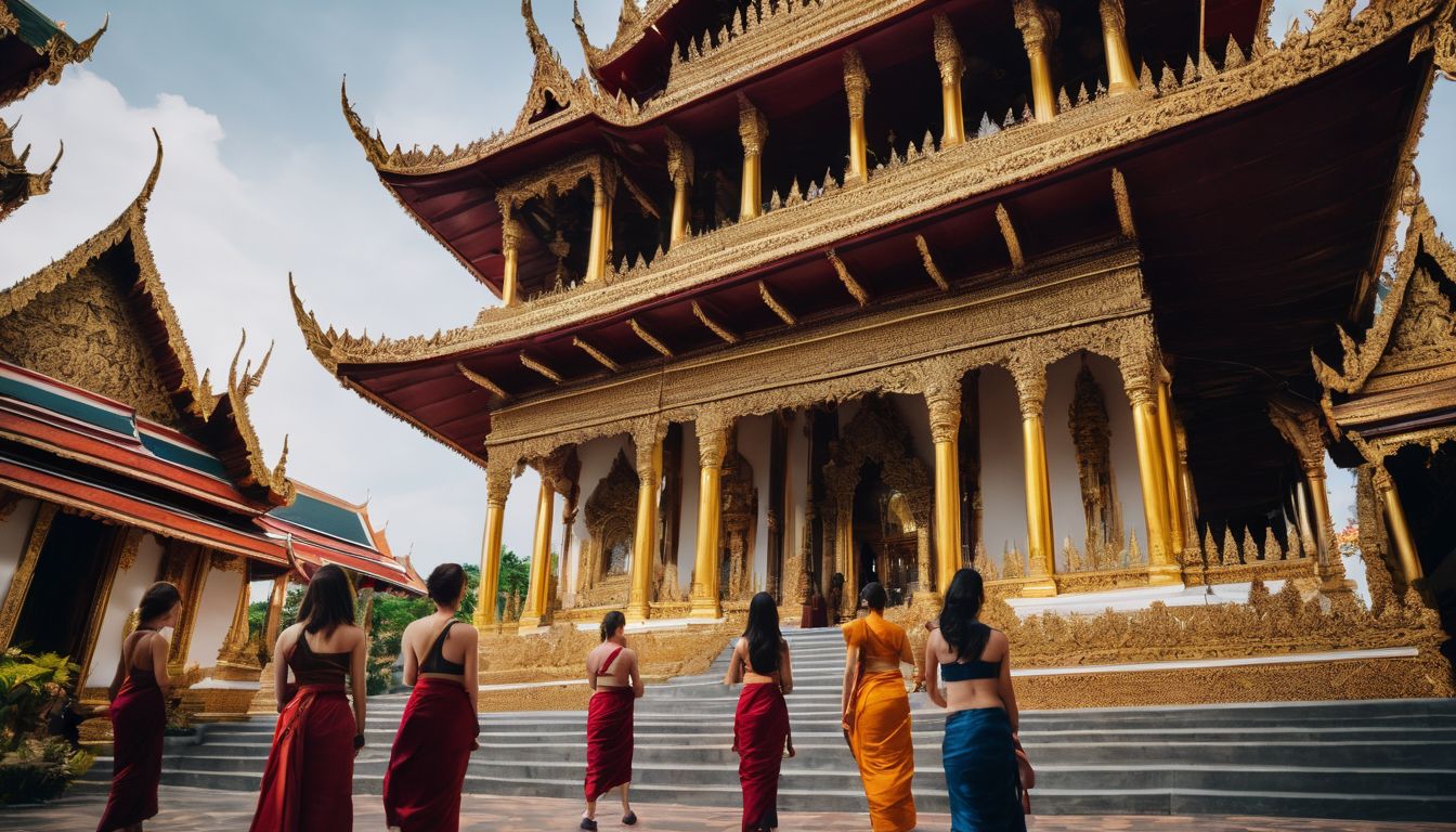 A group of diverse students exploring a Thai temple in a bustling atmosphere.