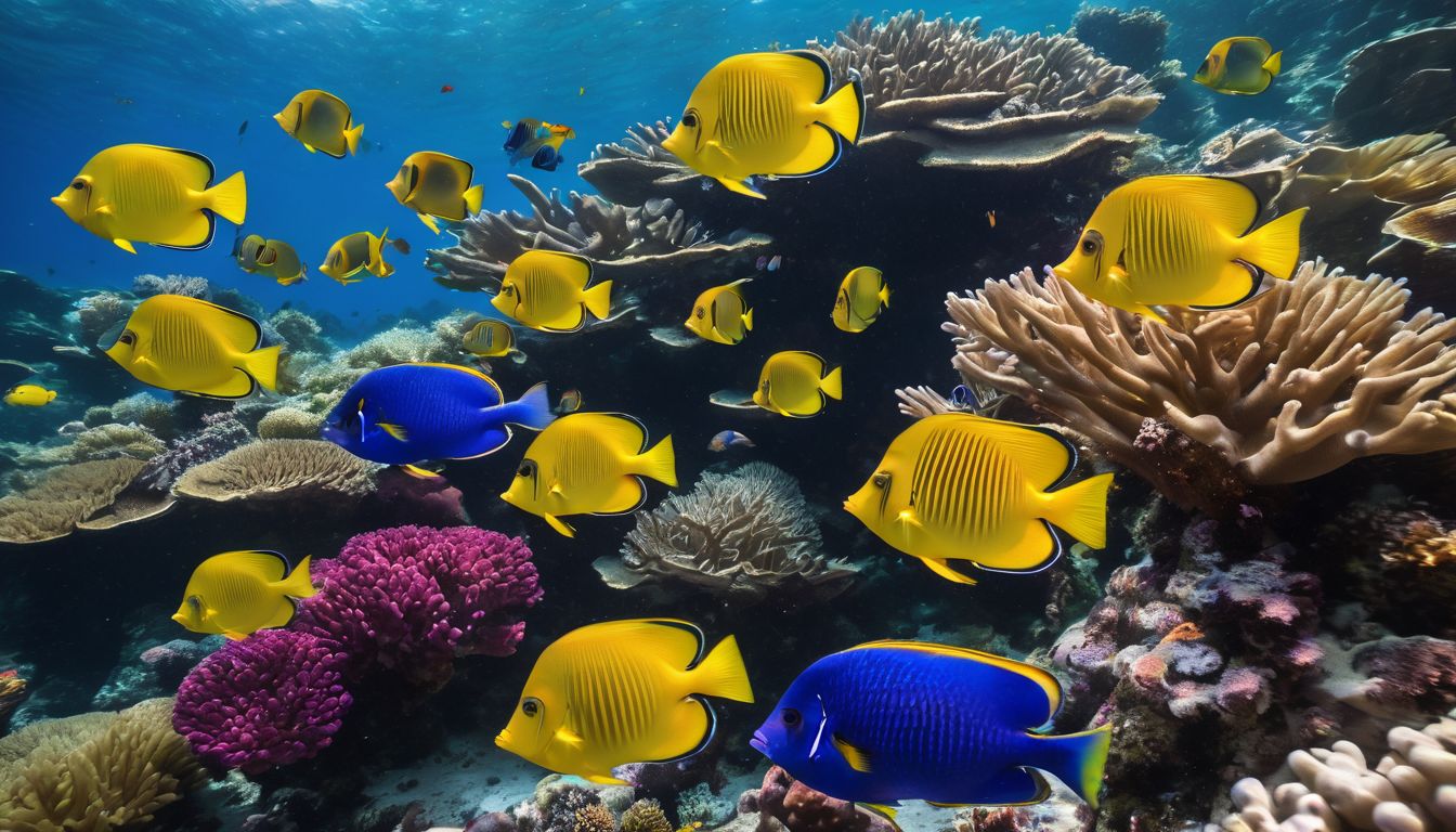 A vibrant coral reef teeming with a diverse school of tropical fish.