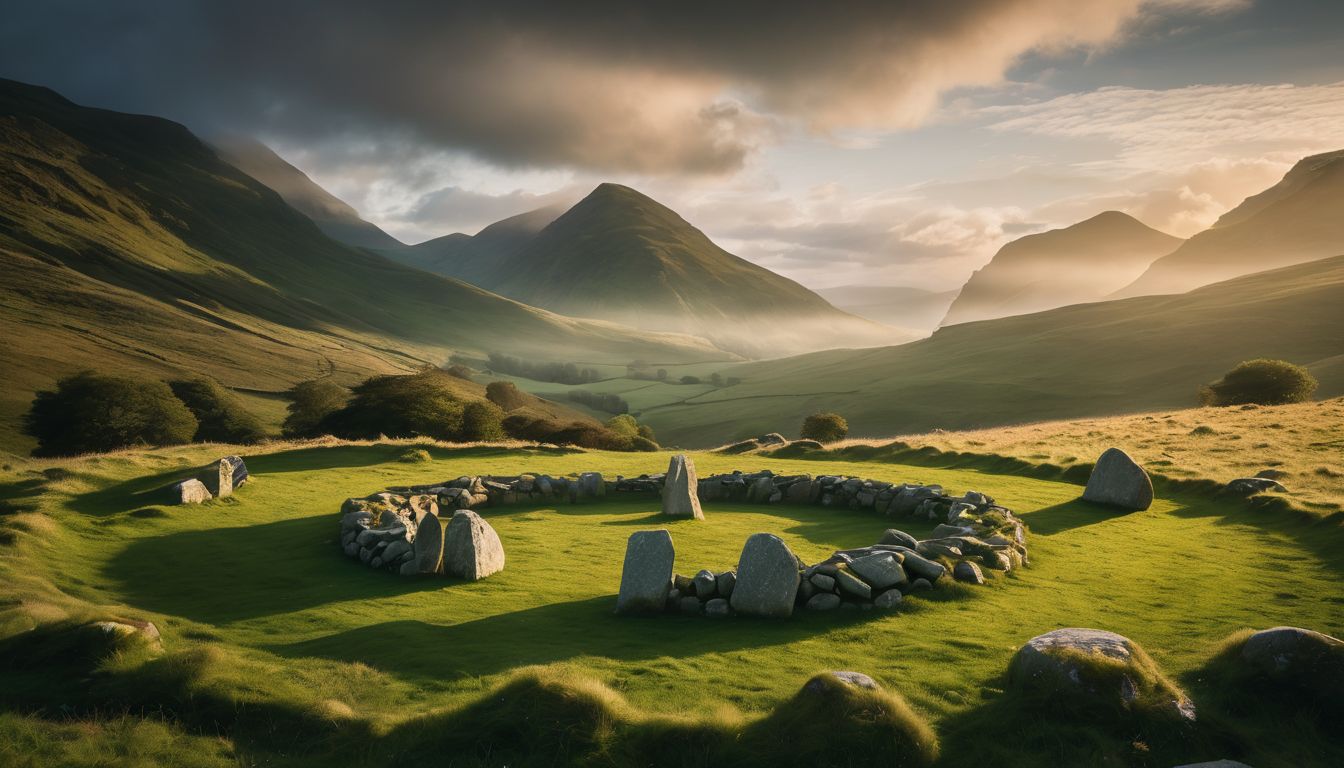 A photo of a Celtic stone circle in a green landscape.