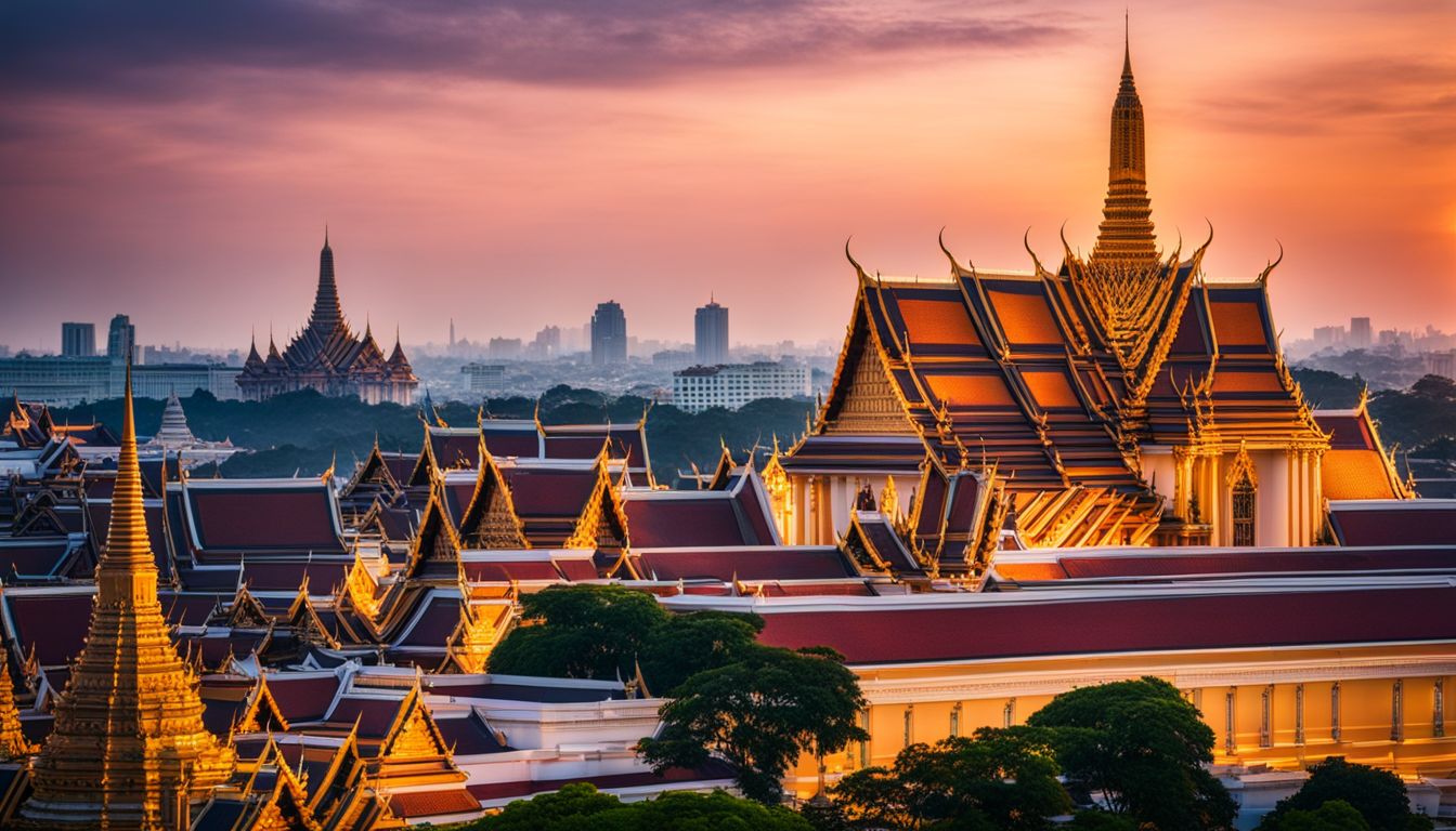 The Grand Palace at sunset, showcasing its vibrant colors and intricate architecture in a bustling atmosphere.
