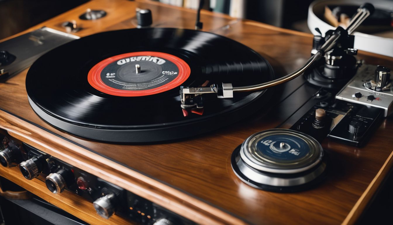 A vintage vinyl record spinning on a turntable surrounded by musical instruments.