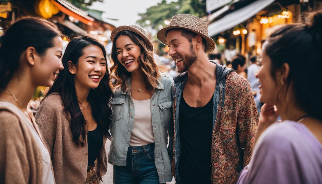 A group of friends laughing and exploring the colorful streets of Chiang Mai in a bustling atmosphere.