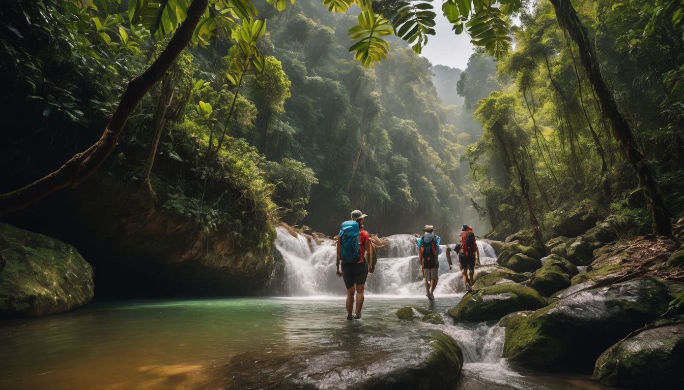 A diverse group of tourists hiking through the jungle in Phong Nha National Park.