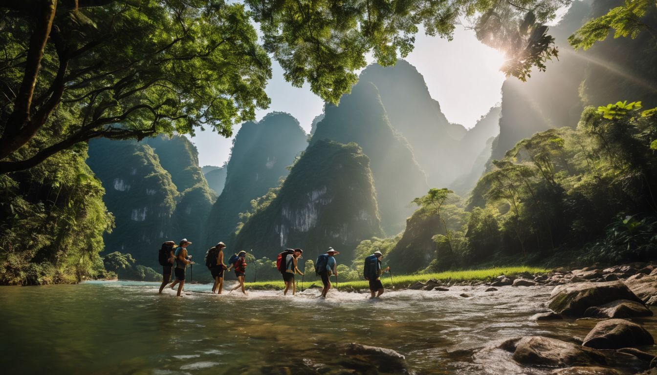A group of hikers explore the lush trails of Phong Nha National Park in this vibrant and adventurous nature photograph.