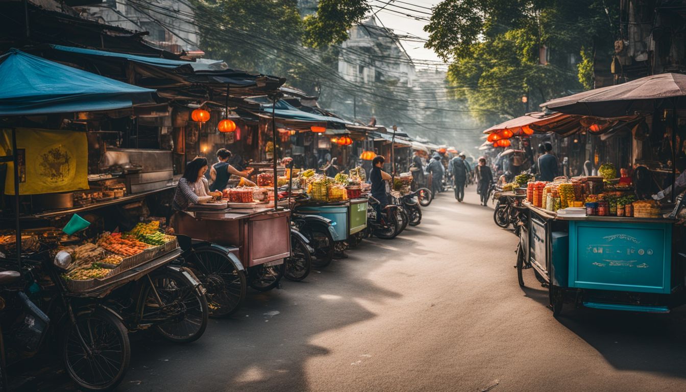 A vibrant photo of Vietnamese street food carts in the bustling streets of Hanoi.