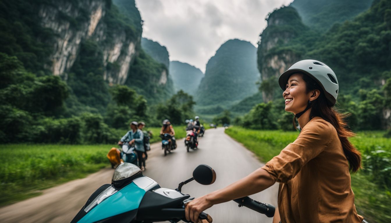 A local woman explores the scenic beauty of Phong Nha National Park on a scooter.