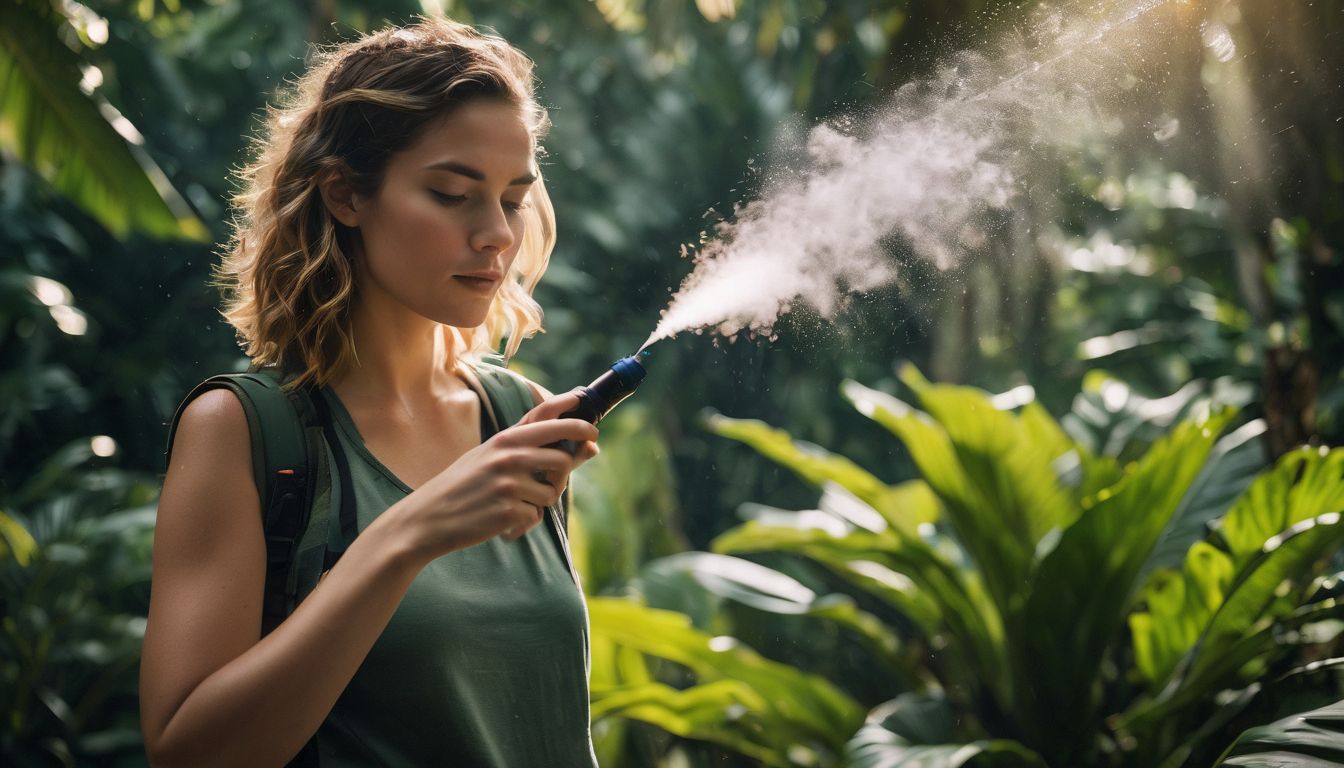 A person sprays mosquito repellent in a tropical garden.