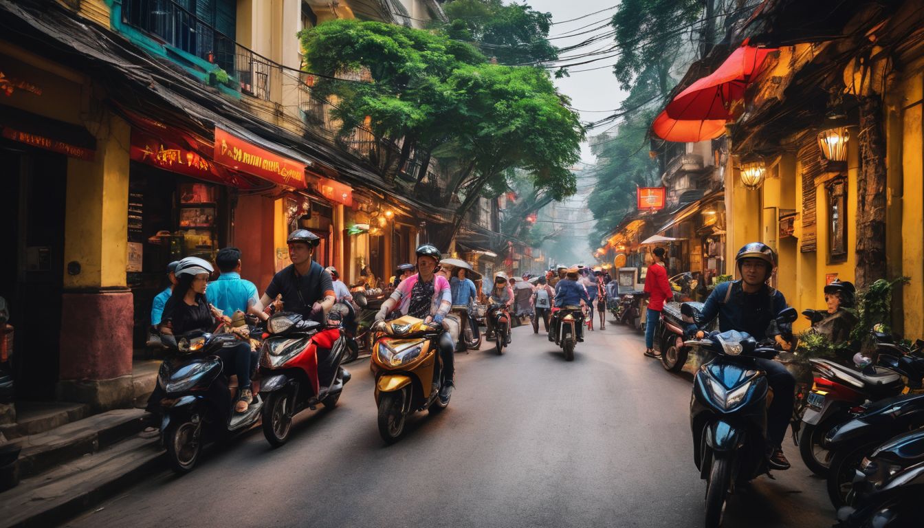 A diverse group of travelers explore the vibrant streets of Hanoi, capturing the bustling atmosphere with high-quality photography equipment.