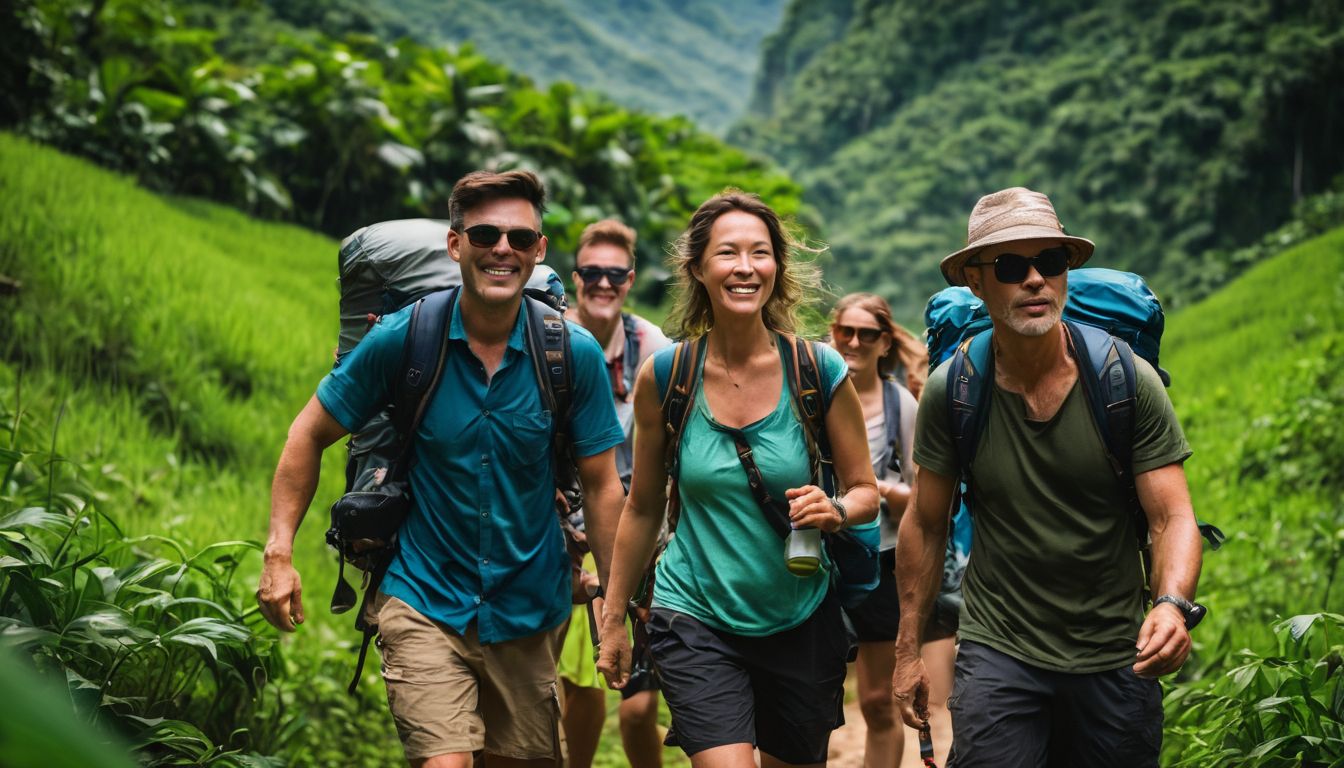 A diverse group of travelers hiking through the lush landscapes of Phong Nha National Park.
