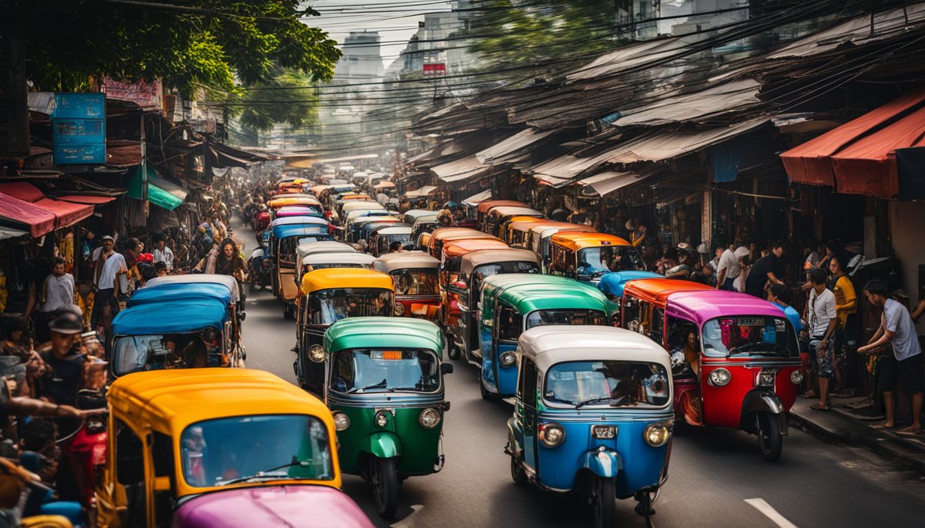 A vibrant street scene in Bangkok filled with colorful tuk-tuks and a diverse crowd of people.