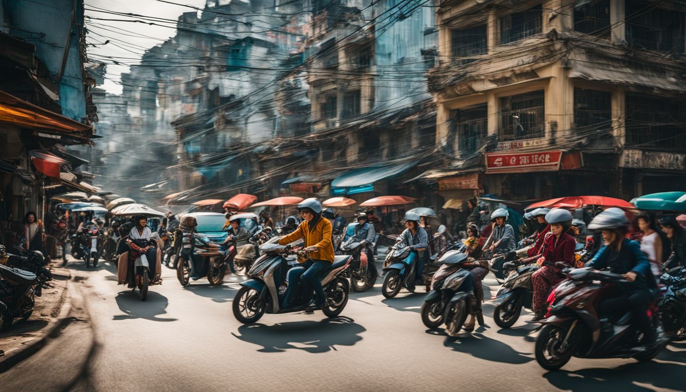 A busy city street in Vietnam captured in a vibrant and dynamic photograph.