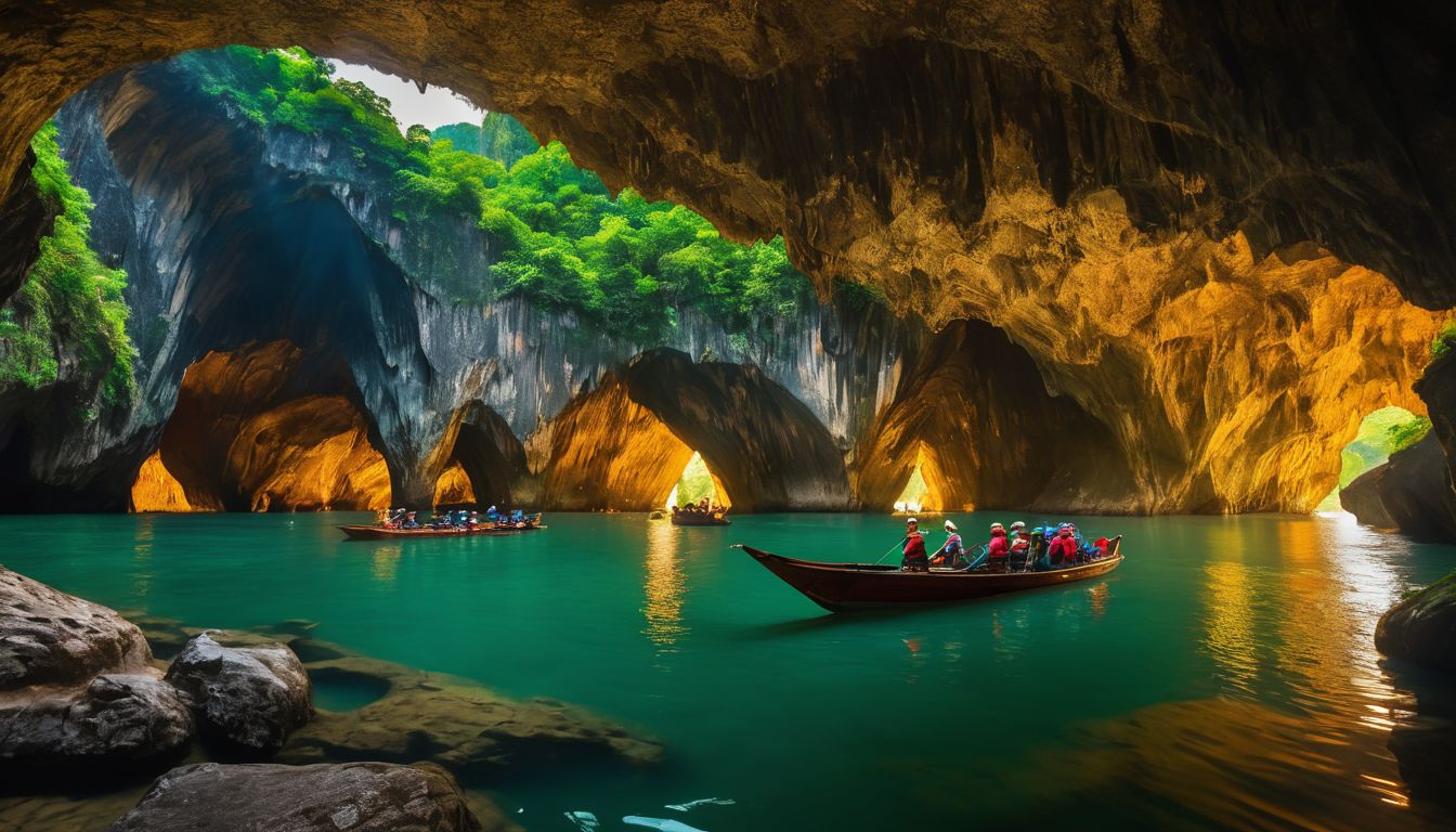 A diverse group of tourists explore the stunning caves of Phong Nha National Park in a boat.