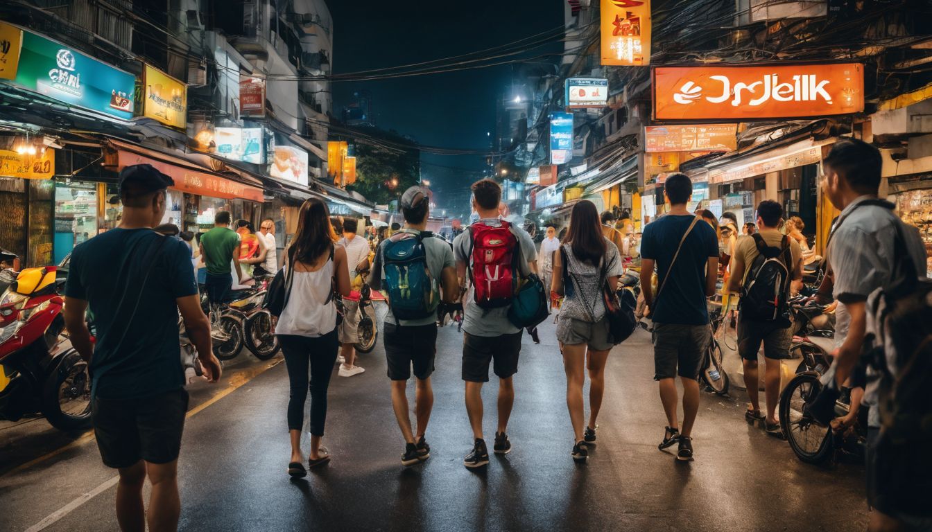 A diverse group of adventurers exploring the bustling streets of Bangkok, captured in a crystal-clear photograph.
