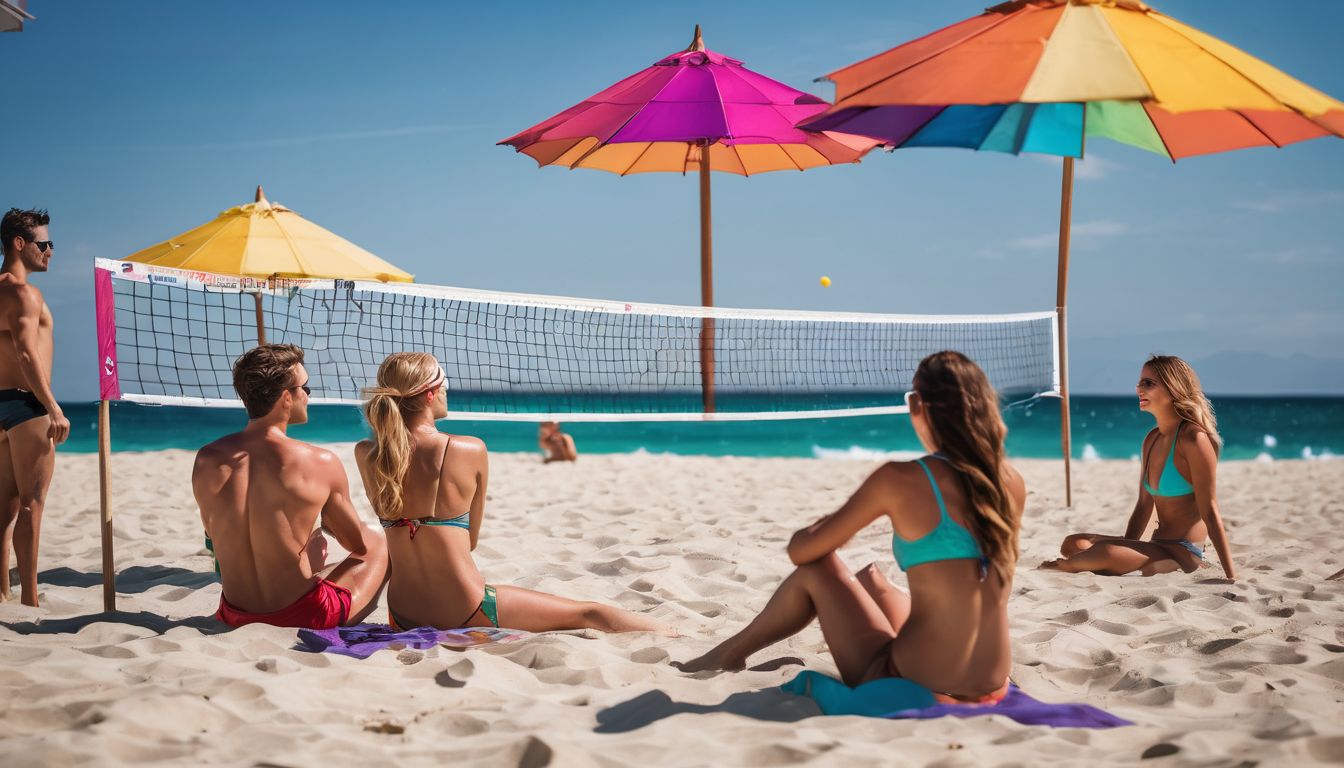 A diverse group of friends playing beach volleyball under colorful umbrellas in a bustling atmosphere.