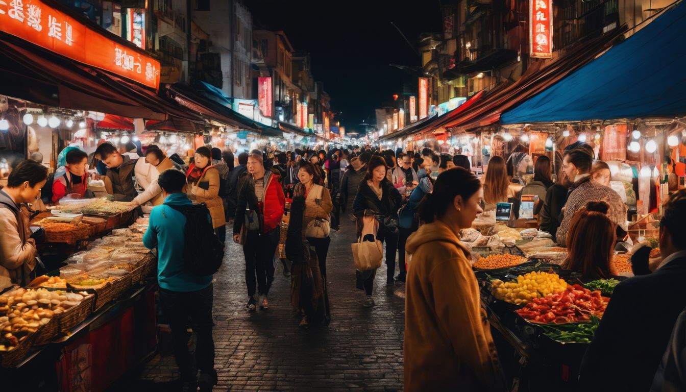 A lively night market with a diverse group of people captured in a vibrant and cinematic style photograph.