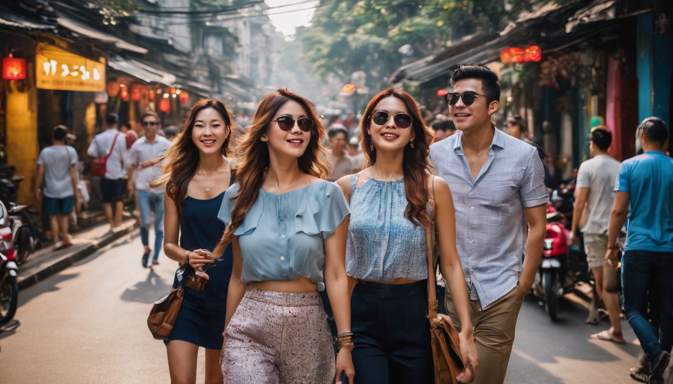 A diverse group of travelers explore the vibrant streets of Hanoi.