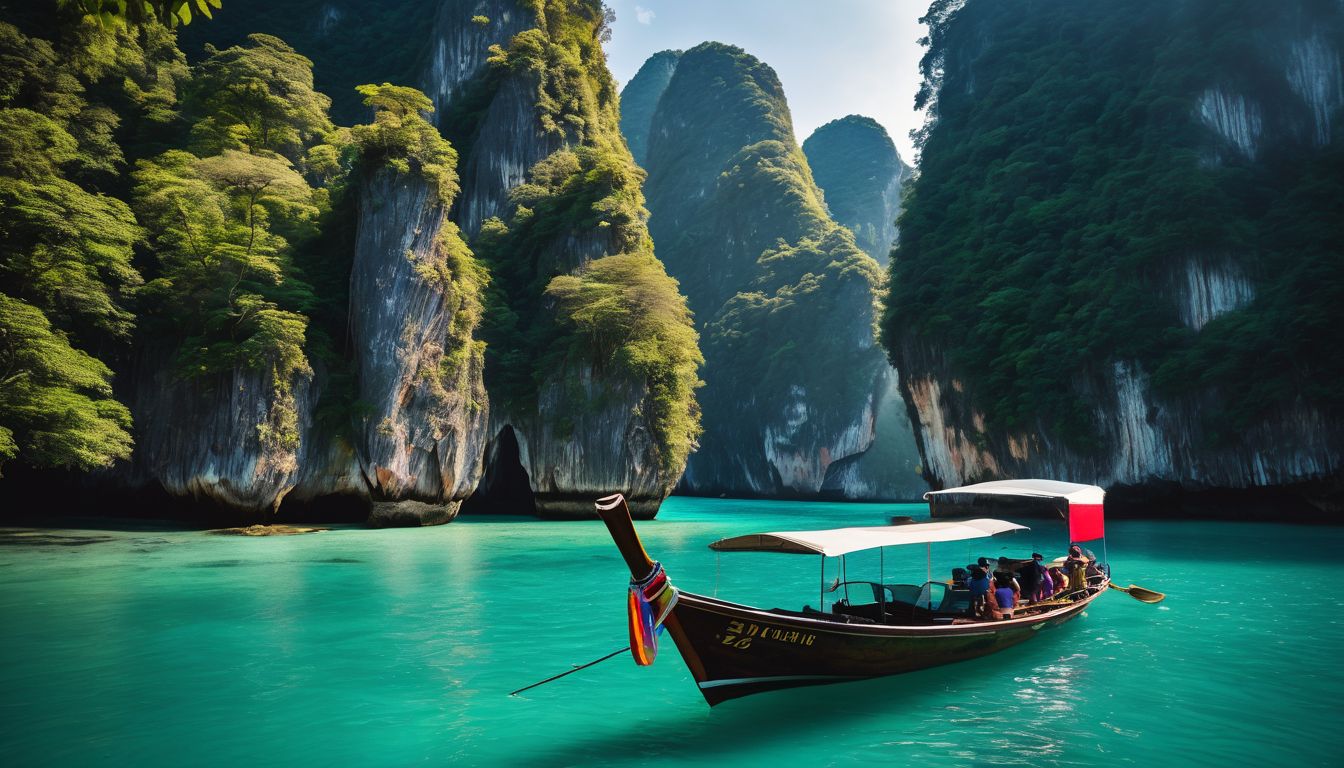 A group of friends on a boat tour enjoying the stunning limestone cliffs and turquoise waters of Thailand.