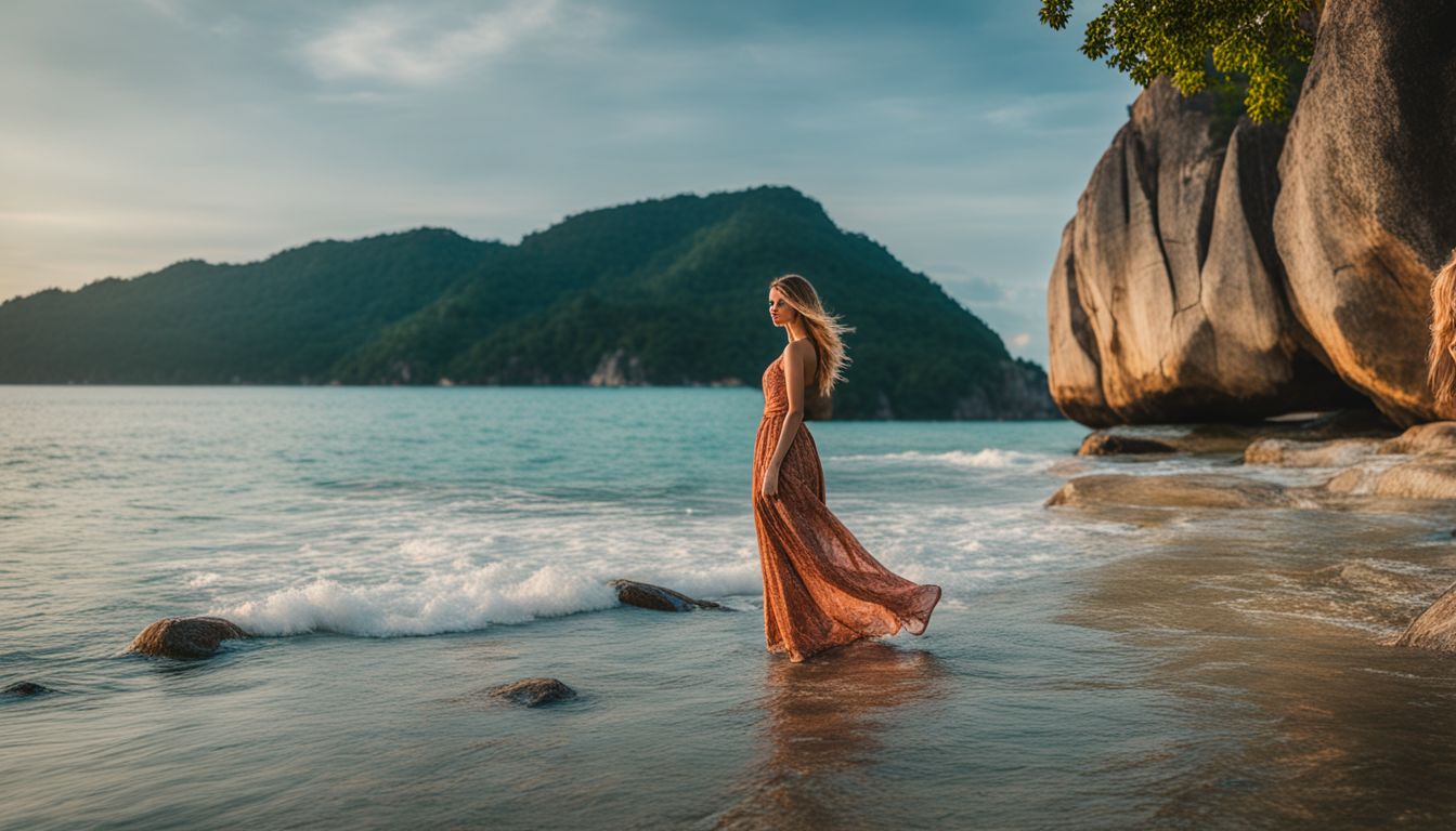 A woman stands on the rocky coast of Ko Samui, gazing at the clear ocean in a flowing dress.