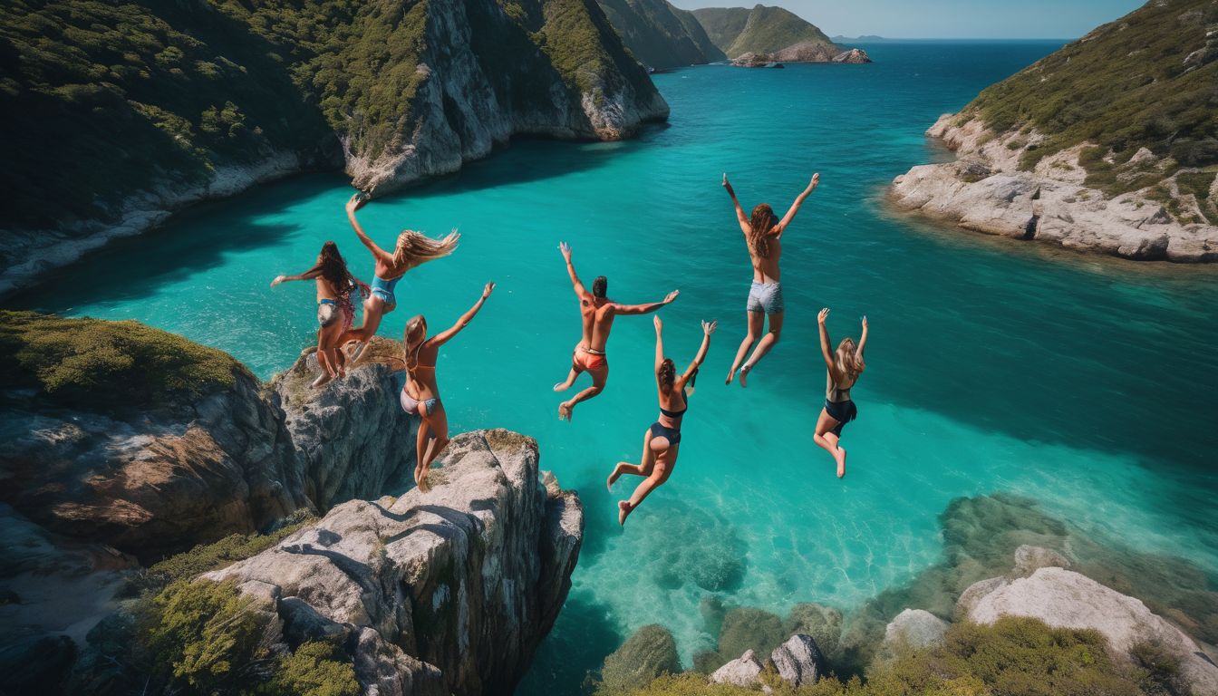 A diverse group of friends are jumping off a cliff into clear turquoise waters.