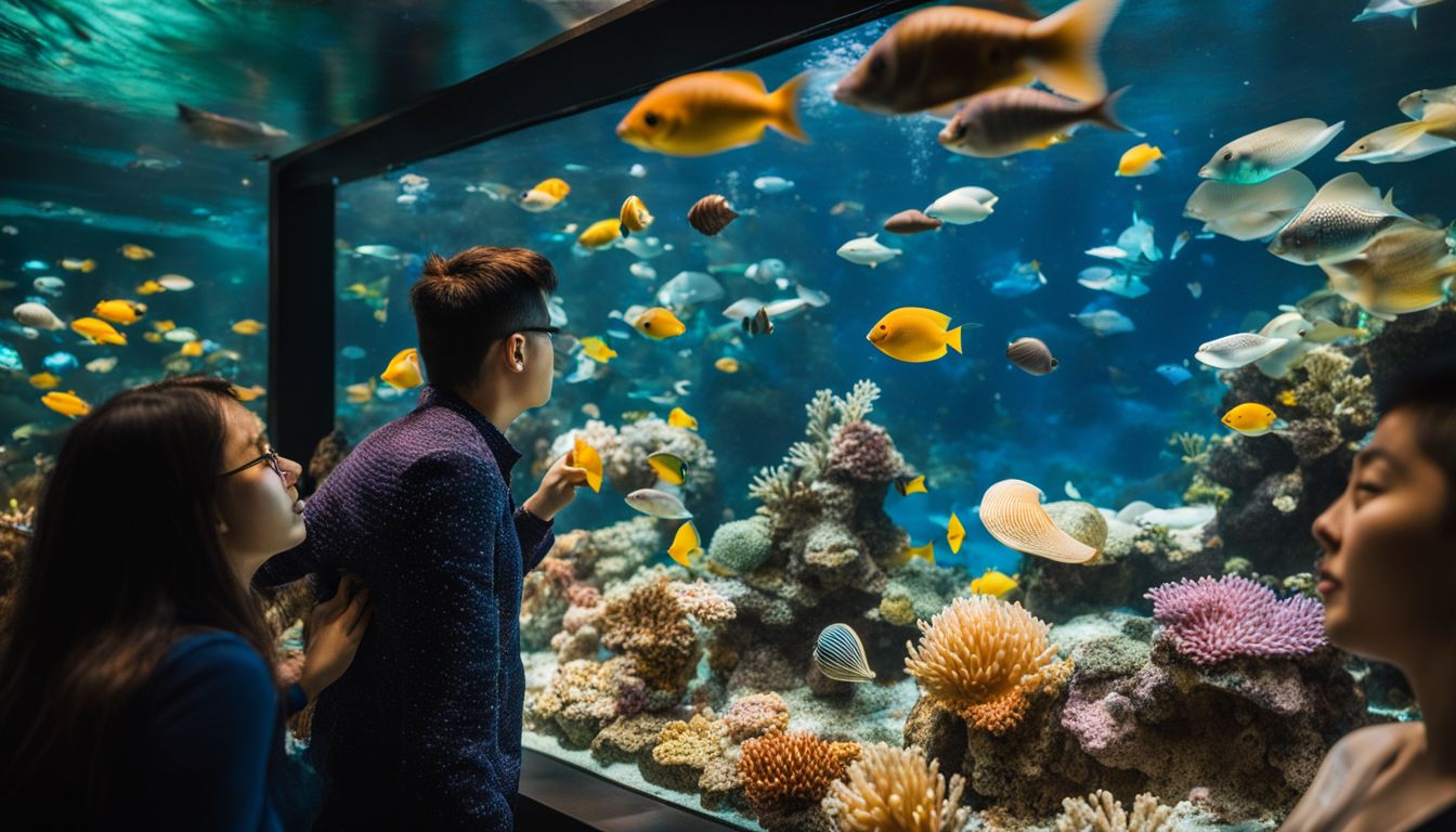 Visitors exploring the vibrant Sea Shell Aquarium filled with colorful aquatic life.