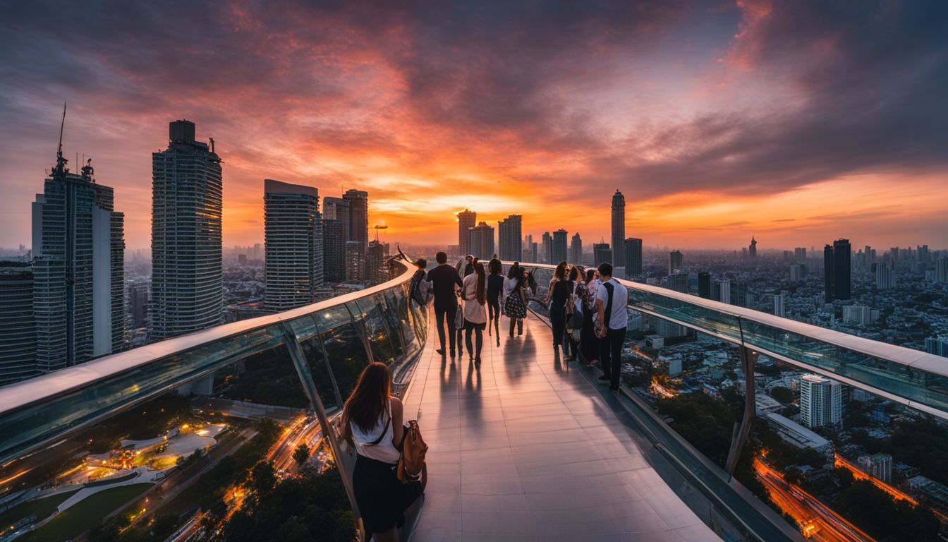 A stunning photo of the Mahanakorn Skywalk at sunset, showcasing the vibrant cityscape of Bangkok.