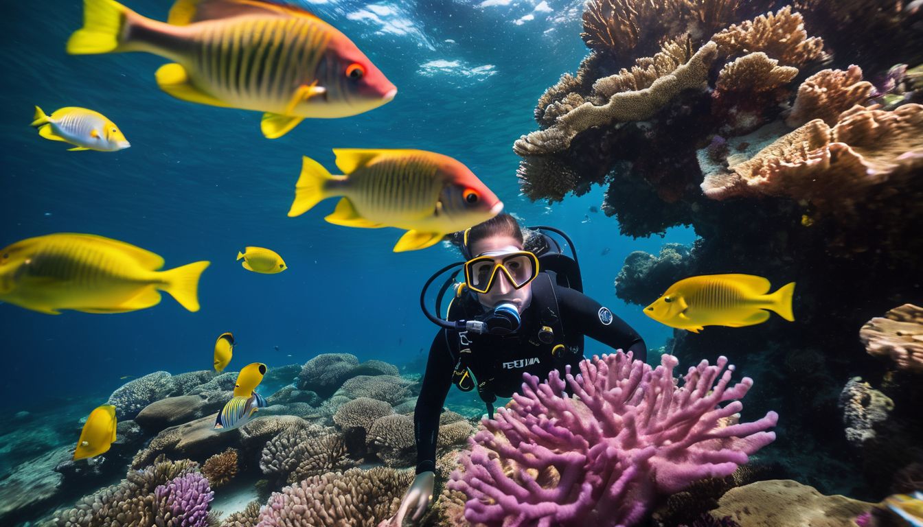 A diverse group of students explore vibrant coral reefs in scuba gear, capturing stunning underwater photographs.