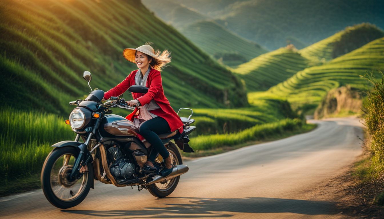 A woman explores the vibrant Vietnamese countryside on a motorbike, capturing breathtaking scenery along the way.