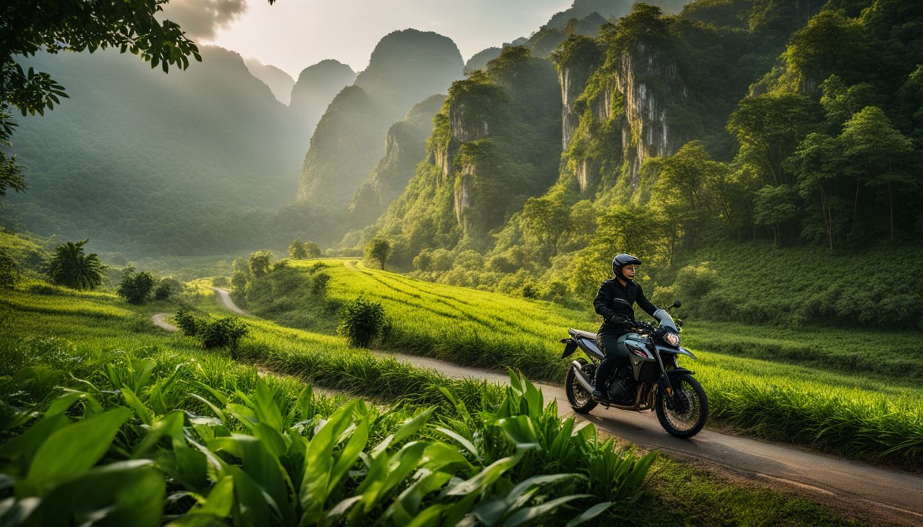 A motorcyclist explores the vibrant greenery of Phong Nha National Park in a captivating landscape photograph.