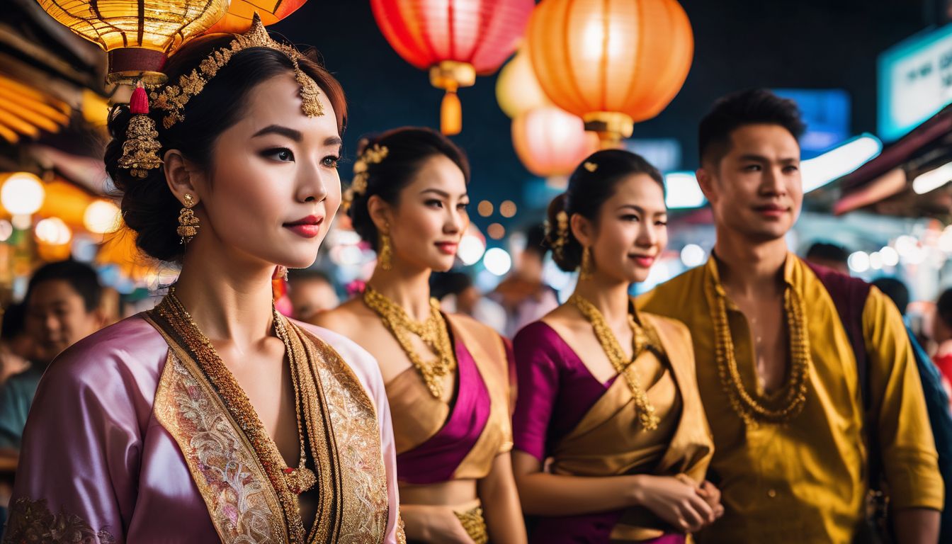 A group of diverse tourists wearing traditional Thai clothing explore a bustling night market in Bangkok.