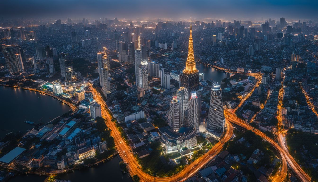 A stunning aerial view of the vibrant Bangkok skyline at dusk featuring diverse people and a bustling atmosphere.