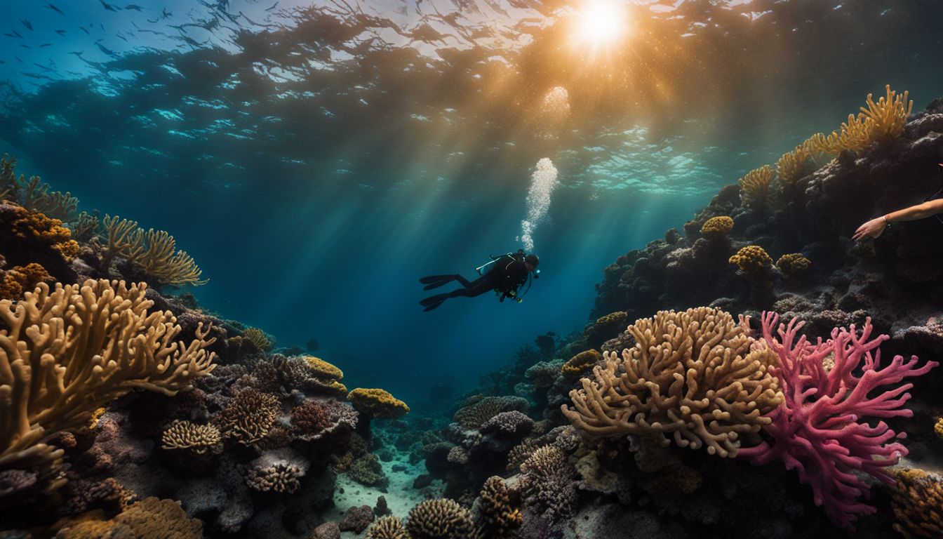 A scuba diver explores a vibrant coral reef, capturing the bustling atmosphere with stunning underwater photography.