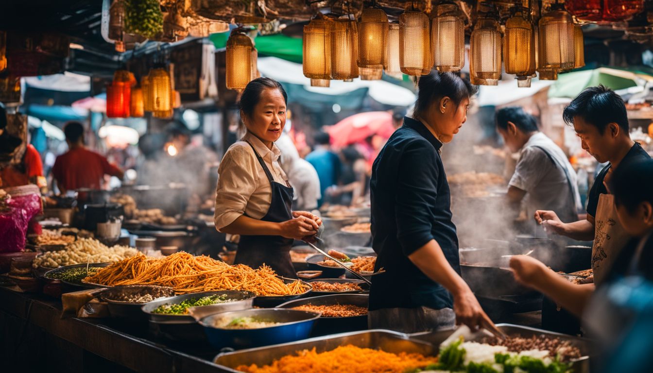 A vibrant display of Thai street food on a bustling market street captured with high-quality photography equipment.