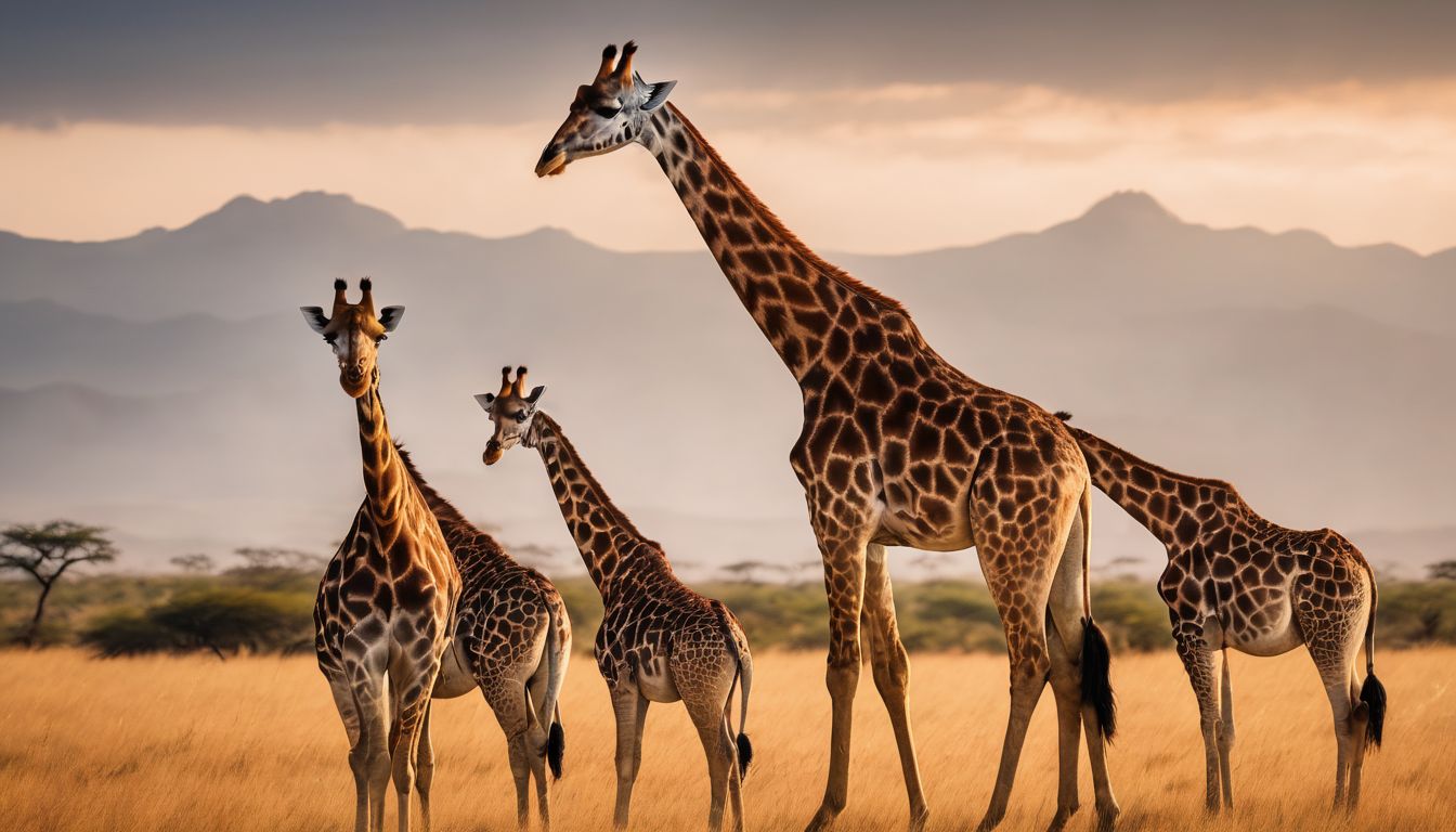 A diverse group of giraffes grazing in the savannah in a bustling and vibrant atmosphere.
