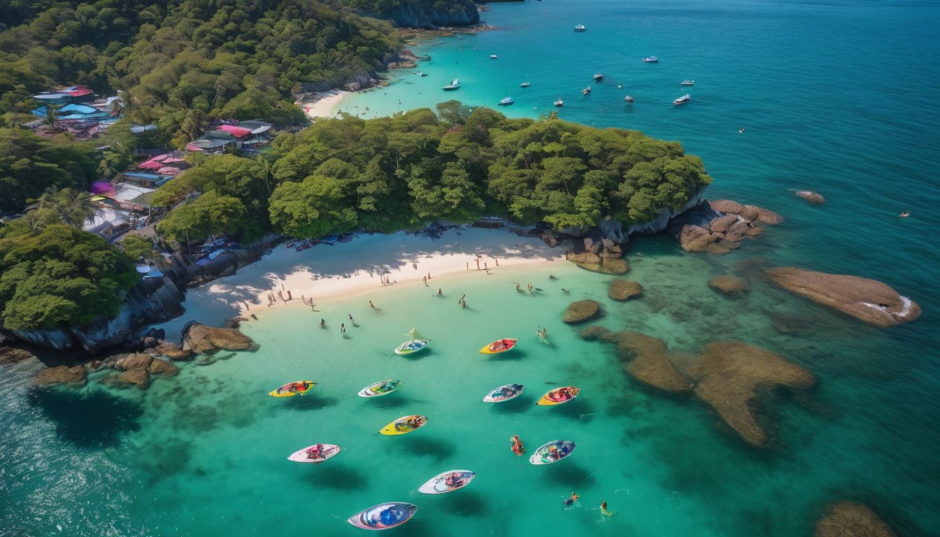 Aerial photo of people enjoying water sports in Phuket's crystal-clear waters.
